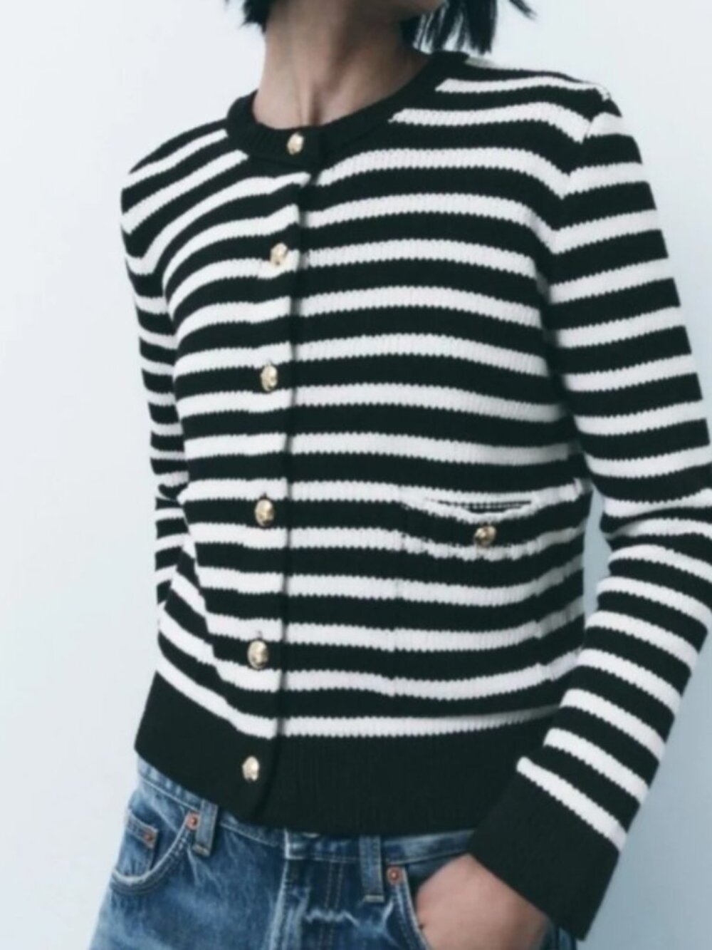 Zara Navy and White Striped Cotton Sweater Women's Medium